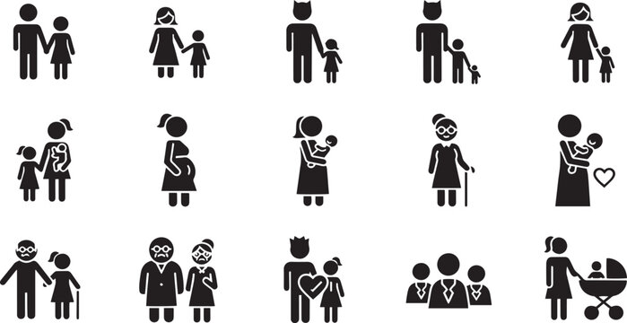 Family Icon Array: A collection of simple silhouette icons depicting various family structures and relationships, perfect for representing familial concepts and designs.