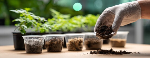 Gardener planting soil into containers with seedlings on wooden table  