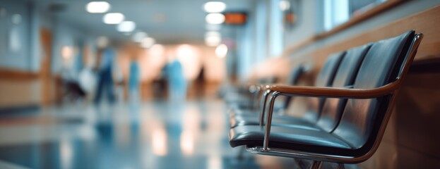 Blurred hospital waiting room with chairs and medical staff in background  