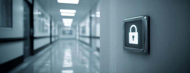 Security lock button on wall in healthcare corridor with blue tones  