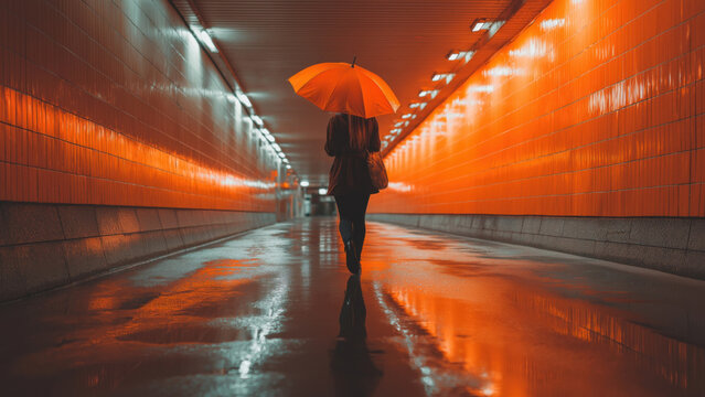 Woman walks in a bright orange tunnel with an umbrella, created AI