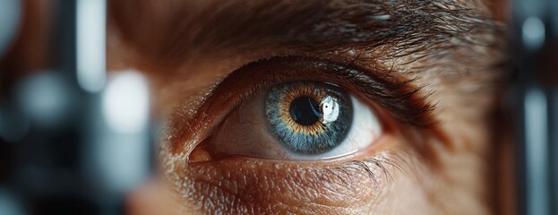 Close-up of human eye during ophthalmic vision test in clinic  