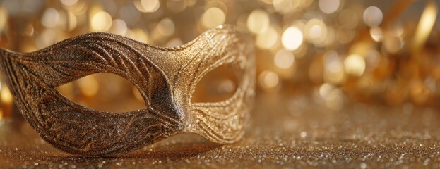 Golden masquerade mask on sparkling background for carnival celebration  