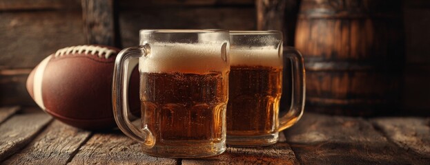 Mugs of beer and American football on a wooden table  