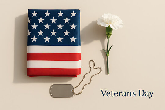Veterans day composition with american flag, white carnation, and military dog tags honoring service, remembrance, and national pride