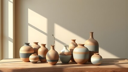 A serene arrangement of handcrafted ceramic vases and pots, displaying unique artistic forms and earthy textures bathed in natural sunlight, ideal for home decor