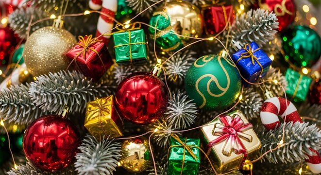 Close up of Festive Christmas Tree Decorations with Ornaments Gifts and Twinkle Lights