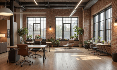 Modern industrial office with exposed brick walls, steel desks, and a mix of leather and fabric chairs. Overhead pendant lighting provides focused illumination,