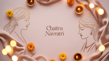 Chaitra Navratri celebration with golden line art of women, marigold flowers, and lit oil lamps on a soft fabric background
