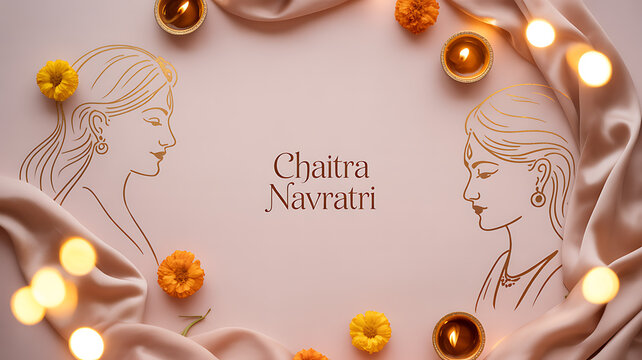 Chaitra Navratri celebration with golden line art of women, marigold flowers, and lit oil lamps on a soft fabric background