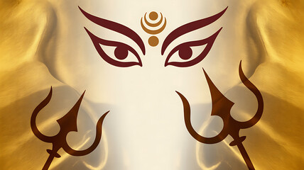 Symbolic representation of a divine face with tridents and third eye on a golden background