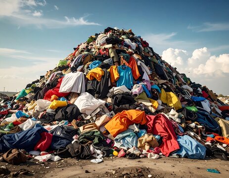 Large mound of discarded clothing and fabrics in an outdoor setting, under a partly cloudy sky. Diverse colors and textures - Powered by Adobe