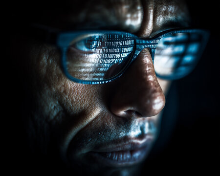 Man wearing glasses with binary code reflection, intense focus on technology and data.