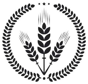 Elegant black silhouette of wheat spikes in a circular laurel wreath with stars, a symbol of harvest and premium quality