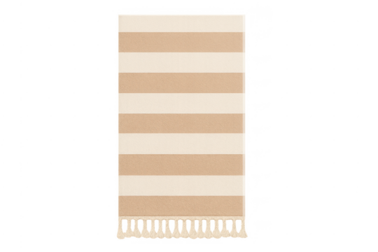 Beige and white striped beach towel with tassels - Powered by Adobe