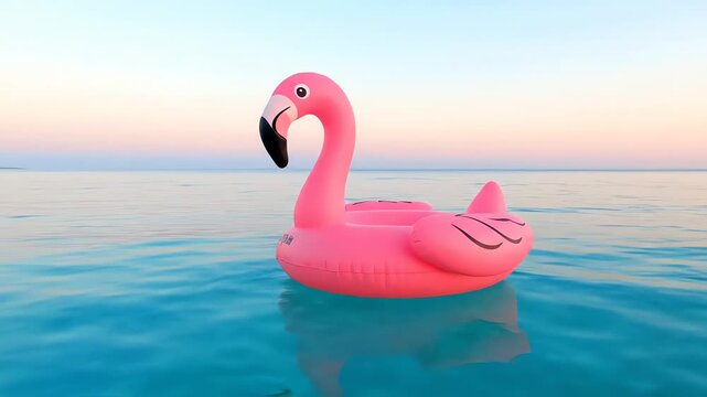 Floating Pink Flamingo on Calm Blue Ocean at Sunset