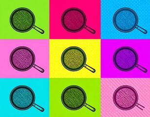 Nine-panel pop art illustration of a magnifying glass on vibrant backgrounds