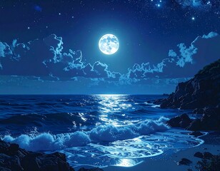 Ocean scene bathed in moonlight, reflecting on water