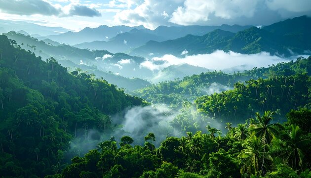 Lush, verdant landscape showcasing rolling hills and mountains shrouded in mist. Sunlight filters through the valleys, highlighting the rich forest