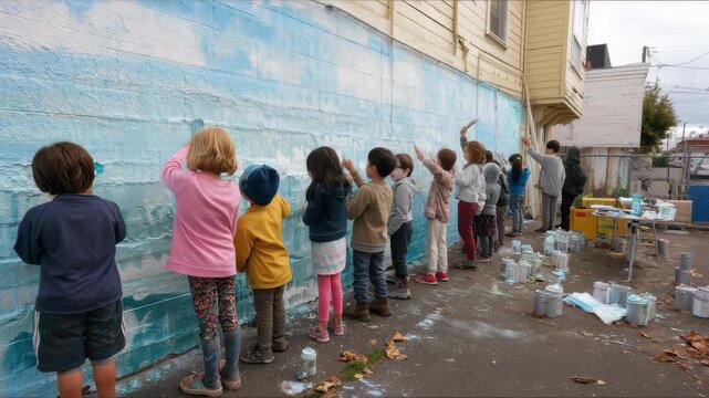 Children engage creatively by painting a colorful mural on the wall during an art event at a local community center in the afternoon light