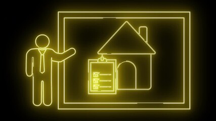 A glowing yellow neonstyle image with a man house checklist and frame on a black background
