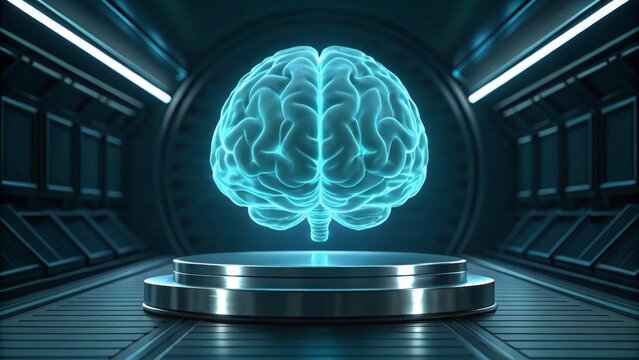 Holographic Brain Displayed on a Metallic Platform - Powered by Adobe