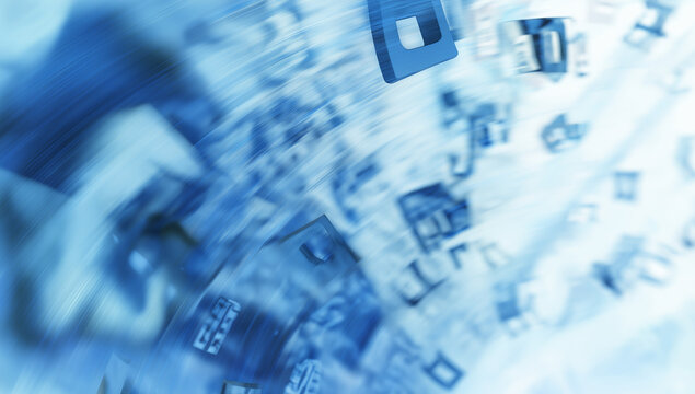Abstract blue digital data stream with 3d geometric shapes and motion blur effect.