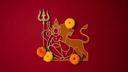 Stylized depiction of a deity with a trident and lion, adorned with marigold flowers on a red background