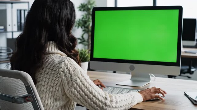 Rear view of a woman with long dark hair working on a desktop computer with a green screen in an office setting.