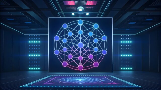 Futuristic digital network grid displayed on a large screen in a dark room