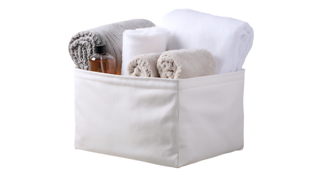 White storage basket filled with towels and toiletries isolated on transparent background
