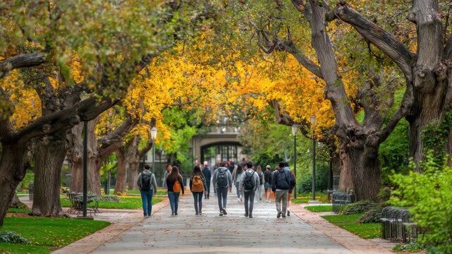College students walk along a serene campus walkway surrounded by autumn trees on a bright day