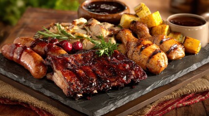 Delicious barbecue platter with ribs chicken sausages and grilled pineapple