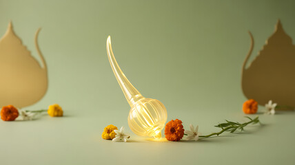 A glowing translucent glass sculpture with floral arrangement on a soft green background