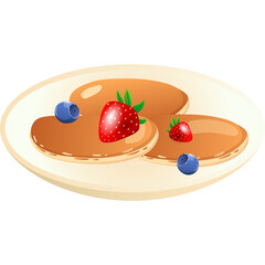 Golden brown pancakes stacked on a white plate garnished with fresh strawberries and blueberries on a transparent background in cartoon graphic design style