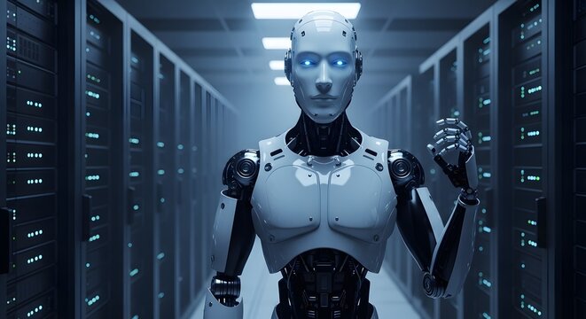 Humanoid robot standing in a futuristic server room with glowing blue eyes