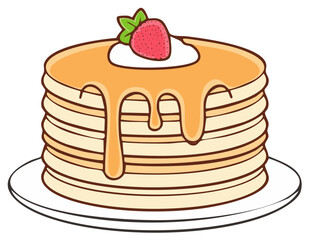 Pancake stack with maple syrup and strawberry breakfast cartoon vector