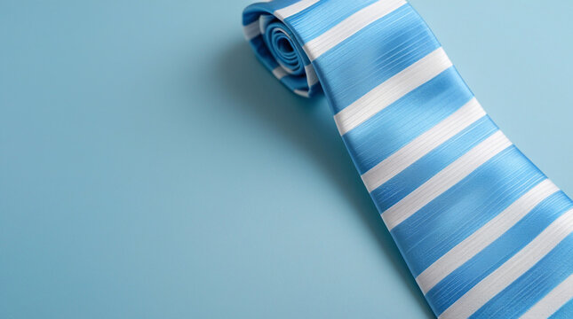 Pastel blue and white stripe Tie in men's shape left side on pastel blue background