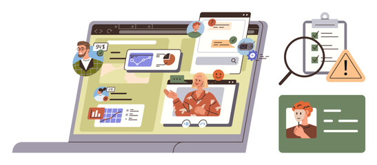 Laptop with virtual profiles, chat windows, data charts, notifications, and warning signs. Ideal for remote work, communication, teamwork, project management technology collaboration simple flat