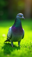 Fototapeta premium Close-up of a city pigeon on lush green lawn Bright sunlight highlights feathers , city pigeon, garden