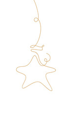 Hanging Christmas tree toy, vector line illustration, flat design. Festive background graphic New Year's golden element isolated on white for design, decoration, postcard, poster with a place for text