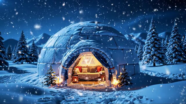 Cozy igloo interior, snow falling in winter forest, peaceful scene, usable for holiday or travel