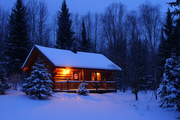 peaceful winter cabin nestled in boreal forest, illuminated by the flickering hues of the auroras