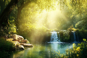 peaceful woodland pond shimmering under delicate streams of sunlight