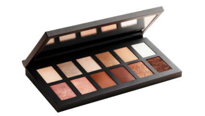Open eyeshadow palette with neutral, warm, earthy tones