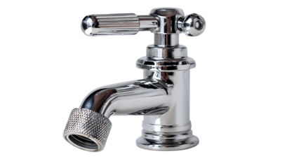 Shiny chrome faucet isolated on transparent background for bathroom or kitchen sink