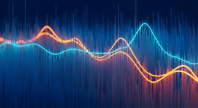 Abstract Digital Audio Waveform Visualization with Glowing Blue and Orange Neon Lines