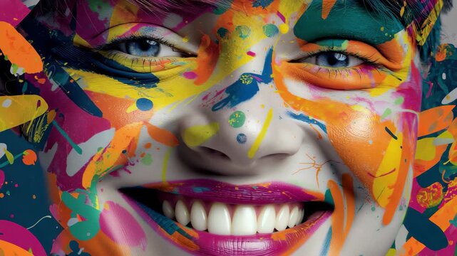 Colorful abstract design covers a woman's face, creating a vibrant and artistic portrait captured indoors