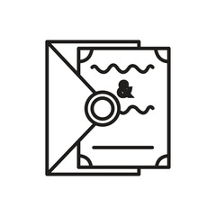 A black and white vector illustration depicts a wedding invitation with an envelope The invitation has wavy lines and an ampersand