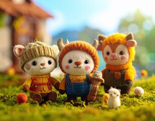 Cute animal figures in grassy landscape
